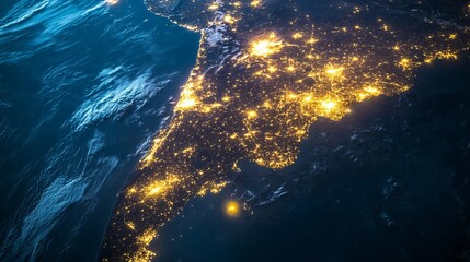 Wall Mural - A satellite photo of Peru at night showcases the vibrant city lights sprawling across the country. This view highlights Peru's strategic position, which has a wide coastline along the Pacific Ocean