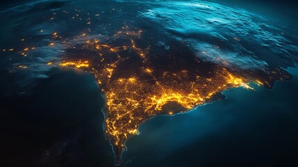 Wall Mural - A satellite photo of Peru at night showcases the vibrant city lights sprawling across the country. This view highlights Peru's strategic position, which has a wide coastline along the Pacific Ocean