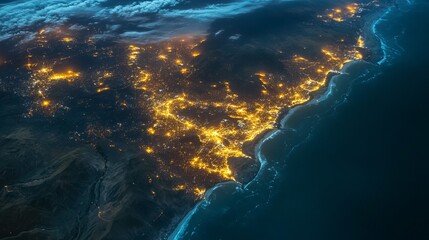 Canvas Print - A satellite photo of Peru at night showcases the vibrant city lights sprawling across the country. This view highlights Peru's strategic position, which has a wide coastline along the Pacific Ocean