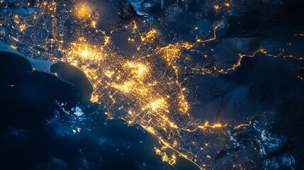 Canvas Print - A satellite photo of Peru at night showcases the vibrant city lights sprawling across the country. This view highlights Peru's strategic position, which has a wide coastline along the Pacific Ocean