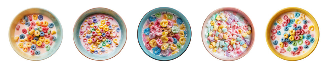 Collection bowl of colorful cereal with milk isolated on a transparent background, top view, cut-out, PNG