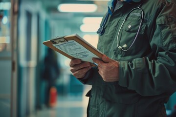 Wall Mural - A doctor in scrubs holding a clipboard filled with patient notes walks down a busy hospital hallway, Holding a clipboard filled with patient notes and medical records