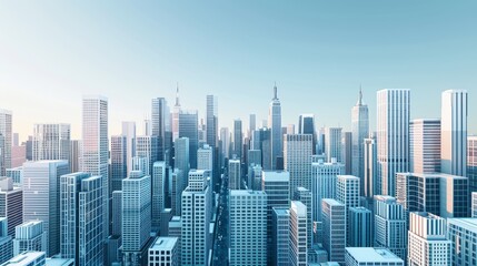  A panoramic view of a modern city skyline with tall buildings reaching towards a clear blue sky.