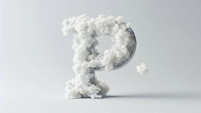 Capital letter P made of clouds or soft cotton. Fluffy airy style. Scrapbook activity. Generative AI
