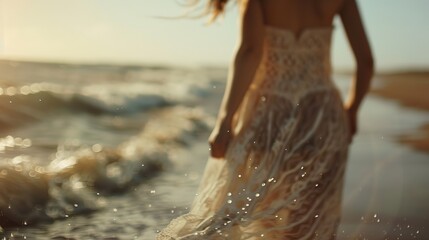 Wall Mural - Woman wearing white dress walking on the beach with ocean waves hit by sunlight