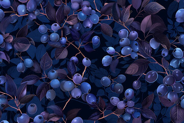 Wall Mural - Blueberries fruit vector illustration with berries leaves isolated on black background