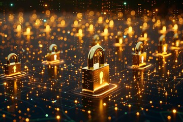 Wall Mural - Digital network glowing with interconnected padlocks, symbolizing robust cyber security and data protection.