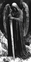 Wall Mural - A black and white image of a woman holding a sword