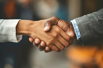 Poster - Two individuals engaging in a handshake gesture in front of a commercial establishment, Honor the commitment and perseverance that has led to another work anniversary