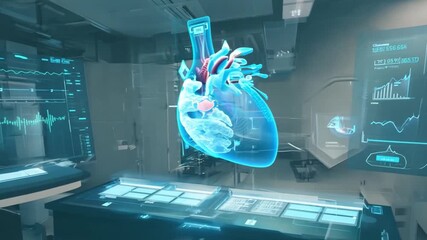 Poster - A holographic heart model is showcased in a high-tech lab, illustrating detailed human anatomy and medical technology advancements.