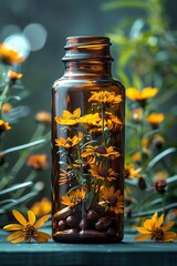 Herbal supplement bottle with yellow flowers, white background, clean and natural