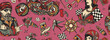 © intueri - Bikers.  Old school tattoo background. Lifestyle of racers. Seamless pattern. Pin up moto girl, bearded biker man, burning chopper motorcycle, race flag, rider sport woman