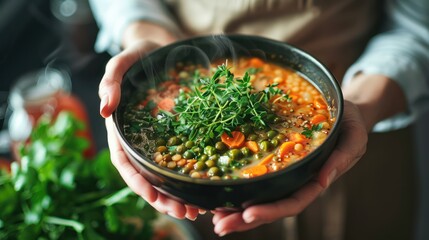 Person preparing a bowl of vegetable soup with lentils and herbs, promoting wholesome and comforting food choices in a healthy diet.