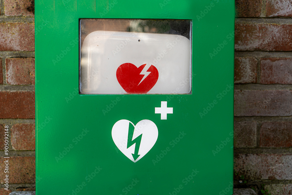 Close-up of an automated external defibrillator (AED) in a public place ...