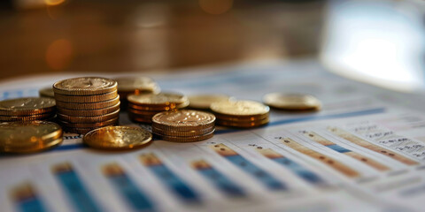 Wall Mural - Pile of stacked coins placed on a financial document with charts and graphs, symbolizing finance and investment.