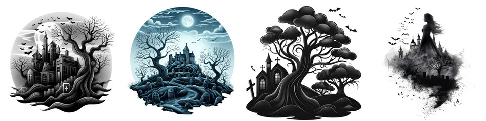 Wall Mural - The four images are all of a dark, spooky theme