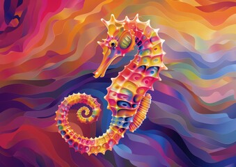 Wall Mural - Colorful seahorse rendered in a polygonal style against a backdrop of abstract ocean waves, creating a vibrant and modern digital art piece