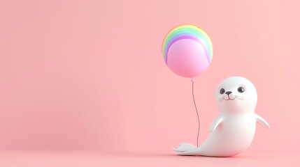 Wall Mural - A cartoon seal with a rainbow balloon on a pink background.