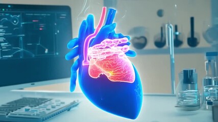 Poster - A vibrant 3D heart model is showcased in a contemporary lab, highlighting advanced research through digital technology.