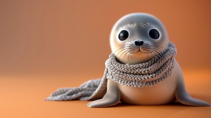 Canvas Print - A cartoon seal pup with a gray scarf against an orange background.