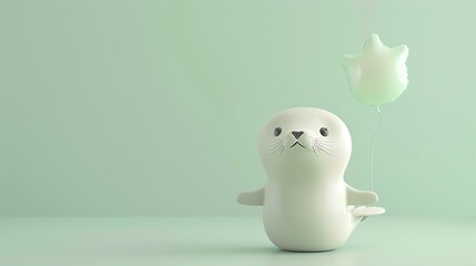 Poster - A cute cartoon seal pup with a green balloon on a green background.