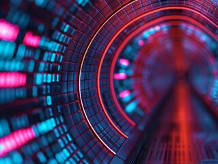 Poster - abstract digital tunnel with glowing red and blue lights - futuristic technology background