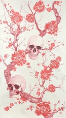 Wall Mural - Lino silkscreen print of verticle light pink climbing vines with skulls and peony blossoms growing off them。