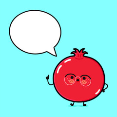 Wall Mural - Pomegranate fruit with speech bubble. Vector hand drawn cartoon kawaii character illustration icon. Isolated on blue background. Pomegranate fruit character concept