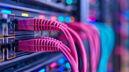 Poster - close-up of network cables connected to server rack in modern data center with blinking lights