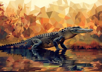 Wall Mural - Digital illustration of an alligator in a swamp, rendered in a polygonal style