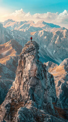 Wall Mural - A lone hiker enjoys breathtaking views from a rocky peak during sunset in the mountains