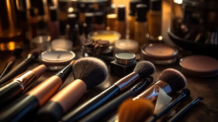 Makeup Brushes and Products on Wooden Table