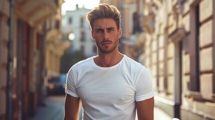 Poster - A handsome man wearing a black blank t-shirt standing on the street