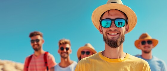 happy man with friends on summer vacation - smiling tourist wearing sunglasses and straw hat - outdoor summer portrait