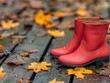 © AucArtStudio - red leather boots on wooden deck with autumn leaves - fall fashion, cozy footwear, nature graphy
