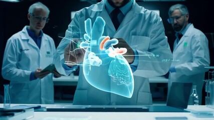 Poster - Researchers examine a holographic heart model while collaborating in a futuristic laboratory environment.