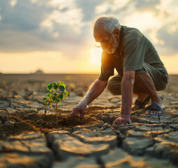 Very old man plants a tree in a land of drought, at sunset