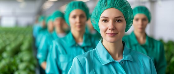 confident female worker in green uniform and hairnet in a modern industrial setting.