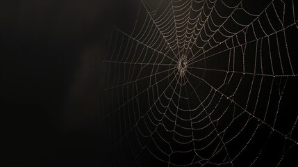 Intricate spider web covered in dew drops on a dark background