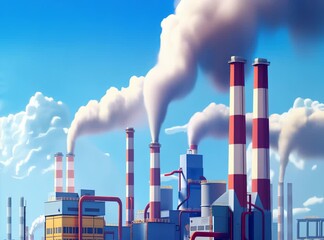 Wall Mural - Industrial factory complex with multiple smokestacks emitting smoke under a clear blue sky.