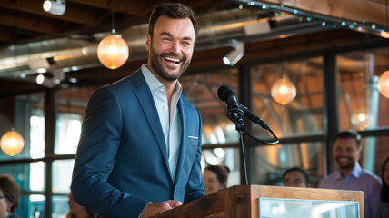 Wall Mural - Happy businessman standing at a podium talking in an office