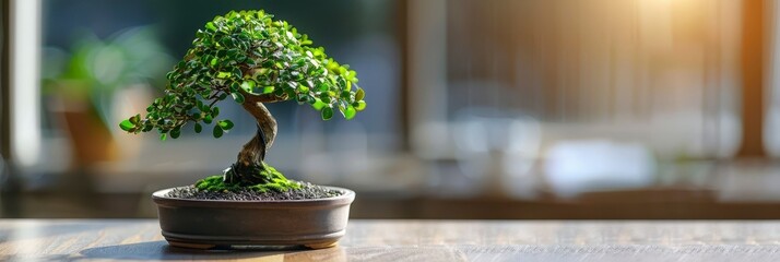 Sticker - Bonsai Tree on Wooden Table with Blurred Background.