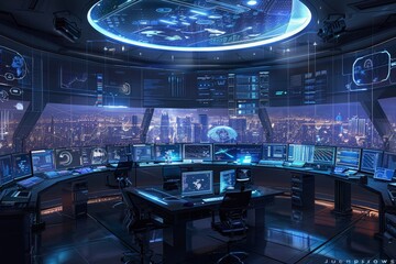 Poster - a futuristic control room filled with numerous monitors displaying data and surveillance feeds, illu