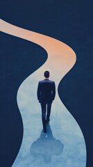 Businessman walking on a path lined with career milestones, metaphor for professional journey