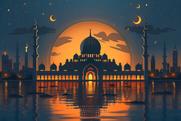 Wall Mural - Ramadan Kareem banner, poster, greeting card, cover design with mosque, crescent moon, lantern and typography in flat geometric style.