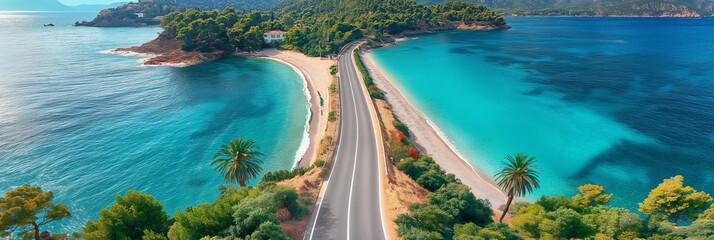 A picturesque highway runs alongside a stunning sea coast, flanked by vibrant palm trees and crystal-clear turquoise waters.