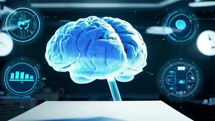Poster - A hologram of a human brain is displayed in a modern laboratory, showcasing advanced technology and insights into neuroscience research.