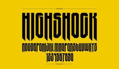 Fototapete - Sharp and bold tall gothic font for logo creation of for headlines, edgy geometric modern vector condensed typeface, heavy metal and hard rock style alphabet with numbers.