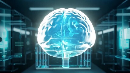 Wall Mural - A hologram of a human brain is showcased in a modern laboratory filled with advanced technological equipment, highlighting cutting-edge research.