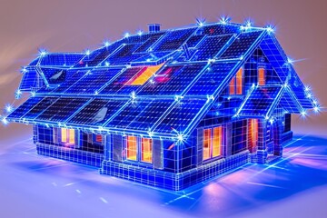 Wall Mural - Vibrant blue solar-paneled house showcases futuristic energy efficiency with a dazzling neon aesthetic.